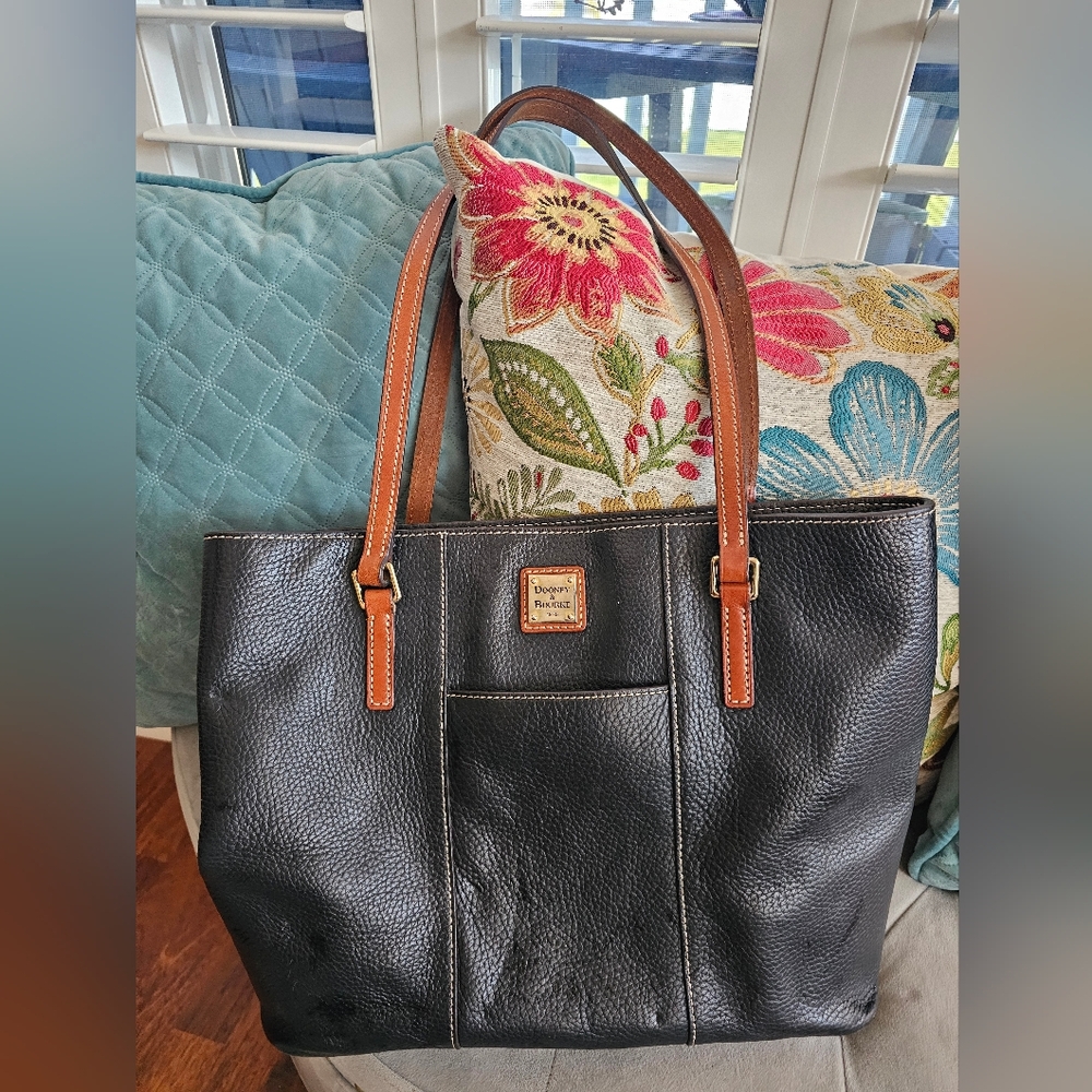 Dooney & Bourke Black Pebble Leather Tote with Contrast Tan Straps